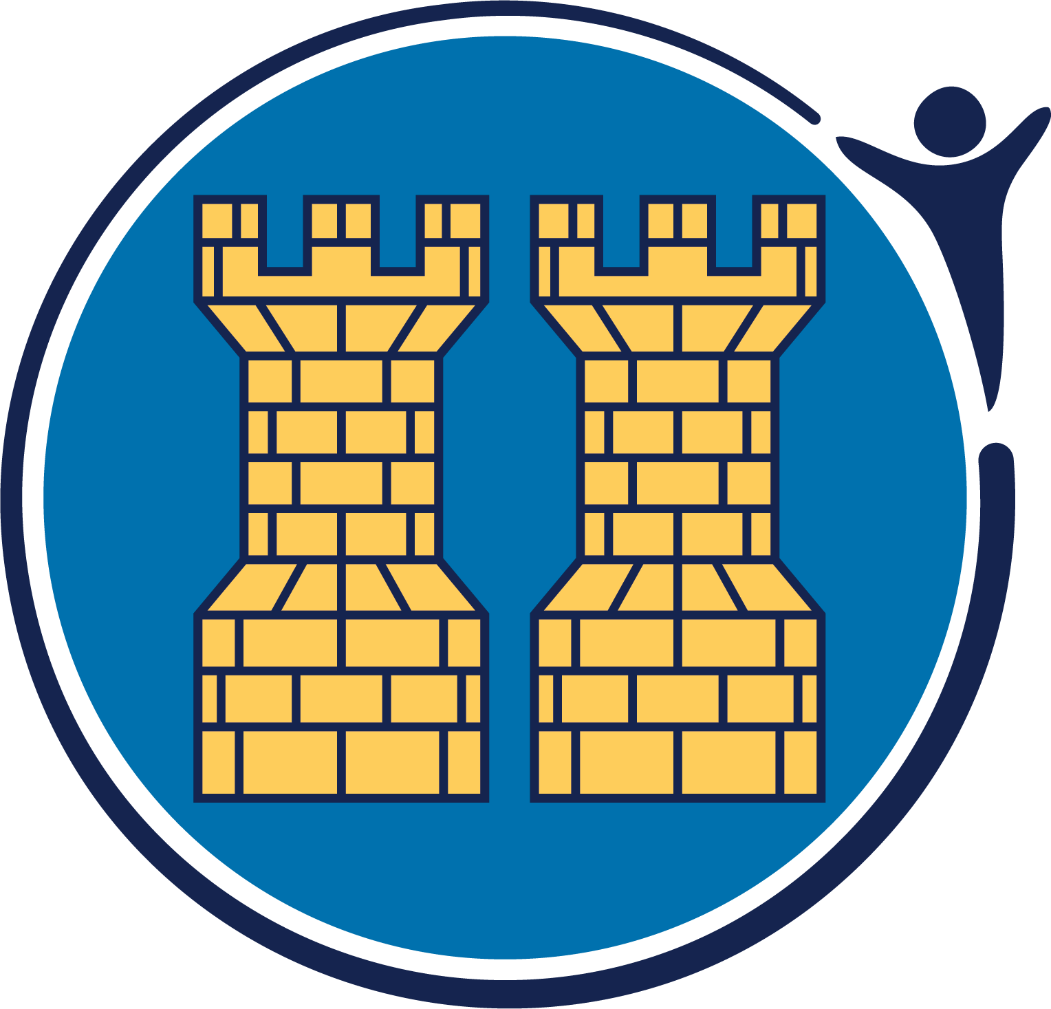 A circular badge featuring two golden stone castle towers with crenellated tops against a blue background, enclosed within a dark blue circular border with a stylized figure outline on the right side.