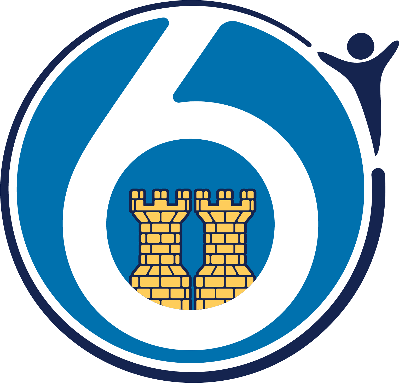 A logo design featuring concentric circles in blue and white with two yellow brick towers in the center, accompanied by a stylized figure silhouette on the right side, representing a school or educational institution's branding.