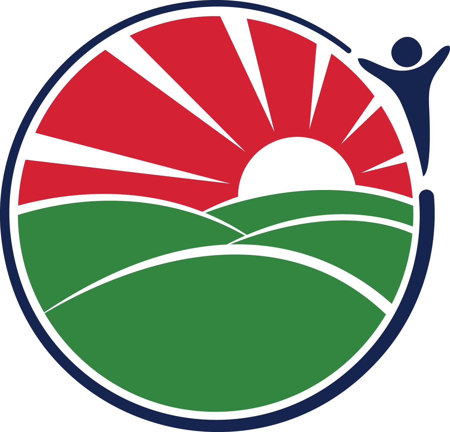 A logo design featuring a rising sun with red rays above rolling green hills, enclosed in a dark blue oval border with a figure silhouette on the right side, representing growth and environmental themes.