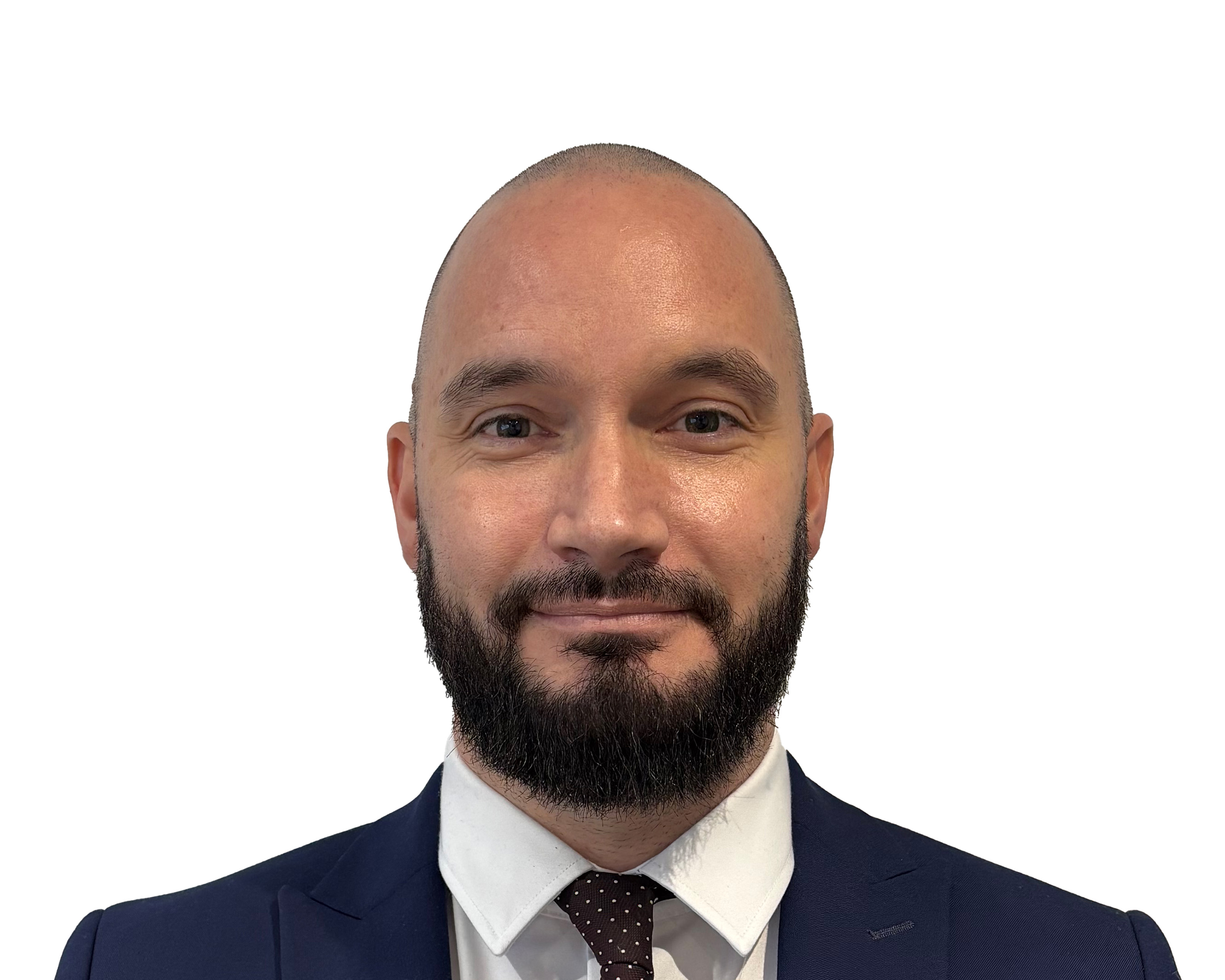 Professional headshot portrait of an adult against a white background, wearing formal business attire with a dark blazer and patterned tie.