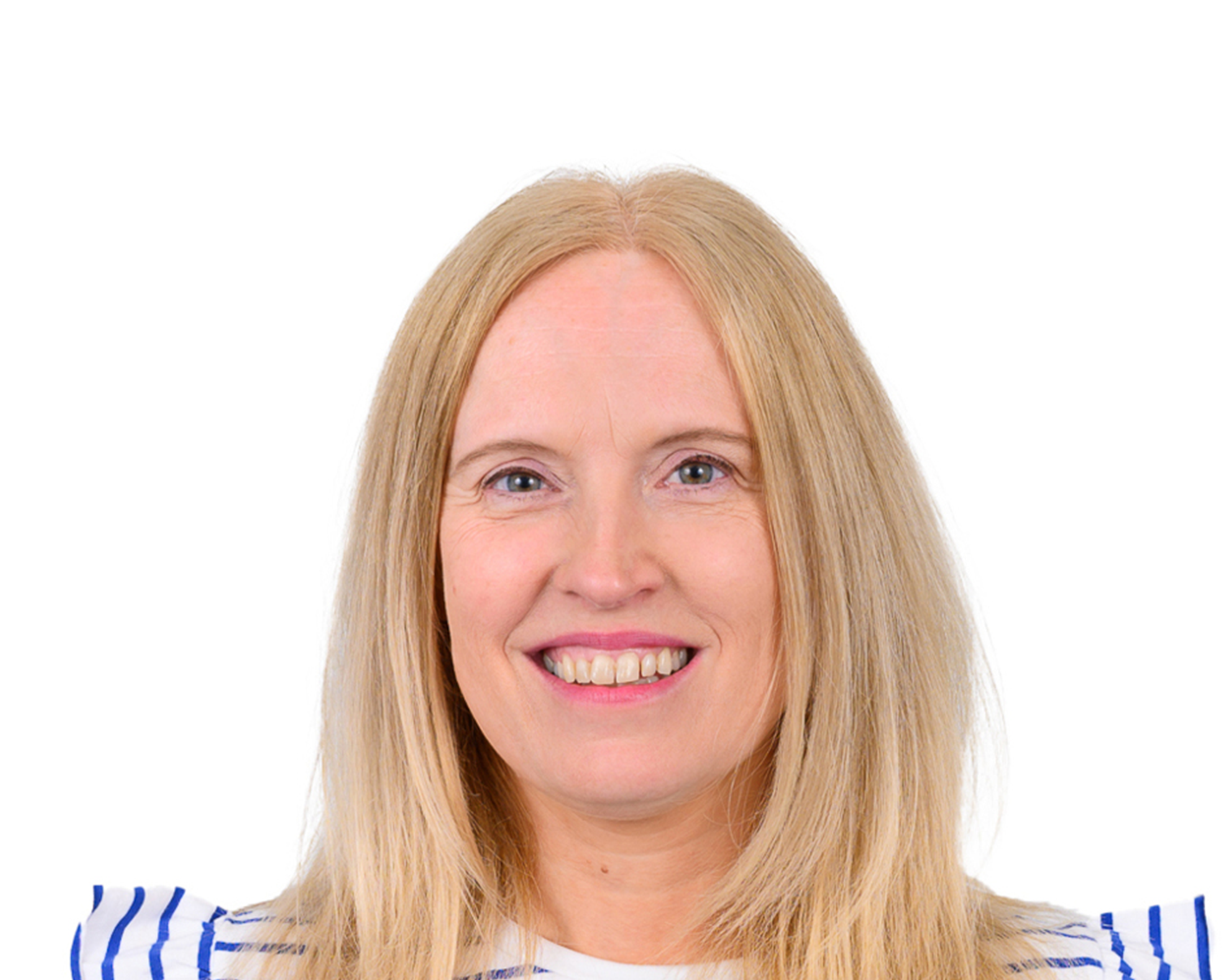 Professional headshot photograph of a staff member smiling at the camera against a white background, wearing blue and white striped clothing.