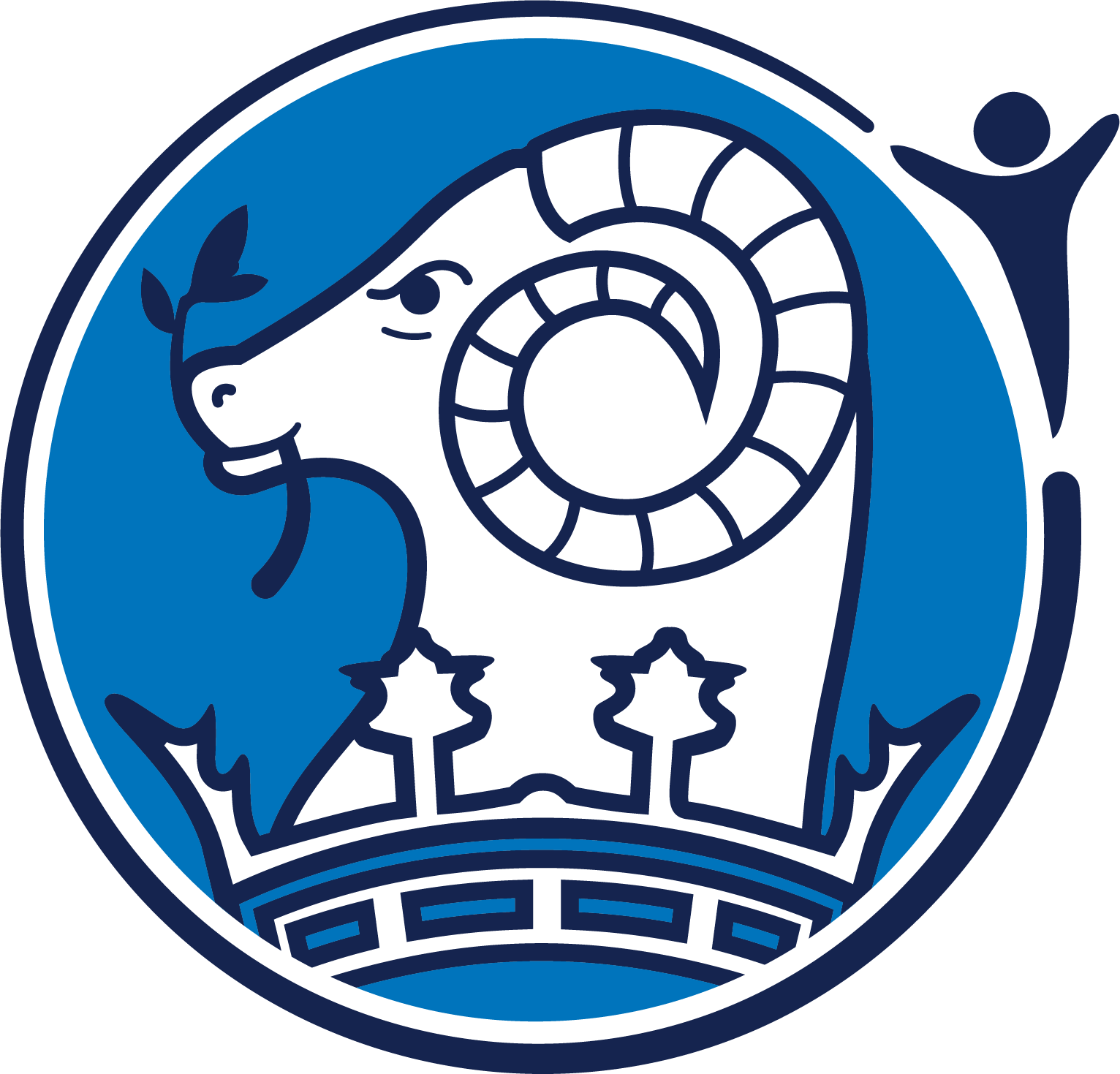 A circular emblem featuring a ram's head in profile with curved horns, olive branch, and two stars on a shield, surrounded by a blue border with a figure in the top right corner.
