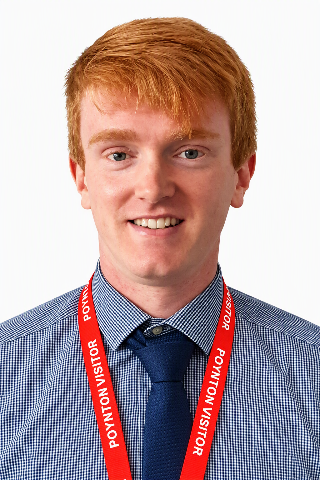 A formal portrait photograph of a person wearing a blue checkered shirt and dark tie, displaying a red lanyard with text. The image appears to be an official school photo taken against a white background.
