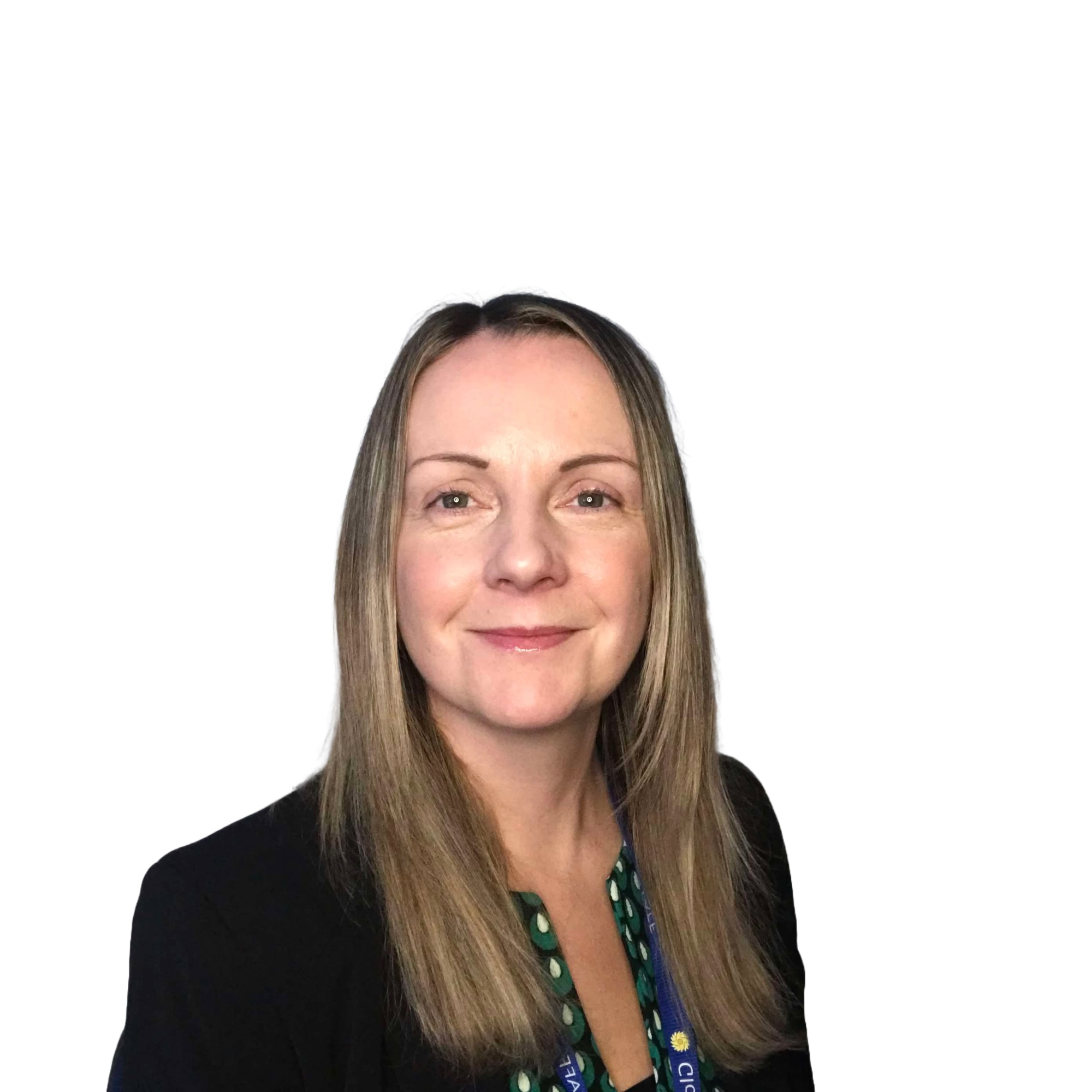 Professional headshot portrait of a staff member against a white background, wearing dark clothing and a patterned lanyard.