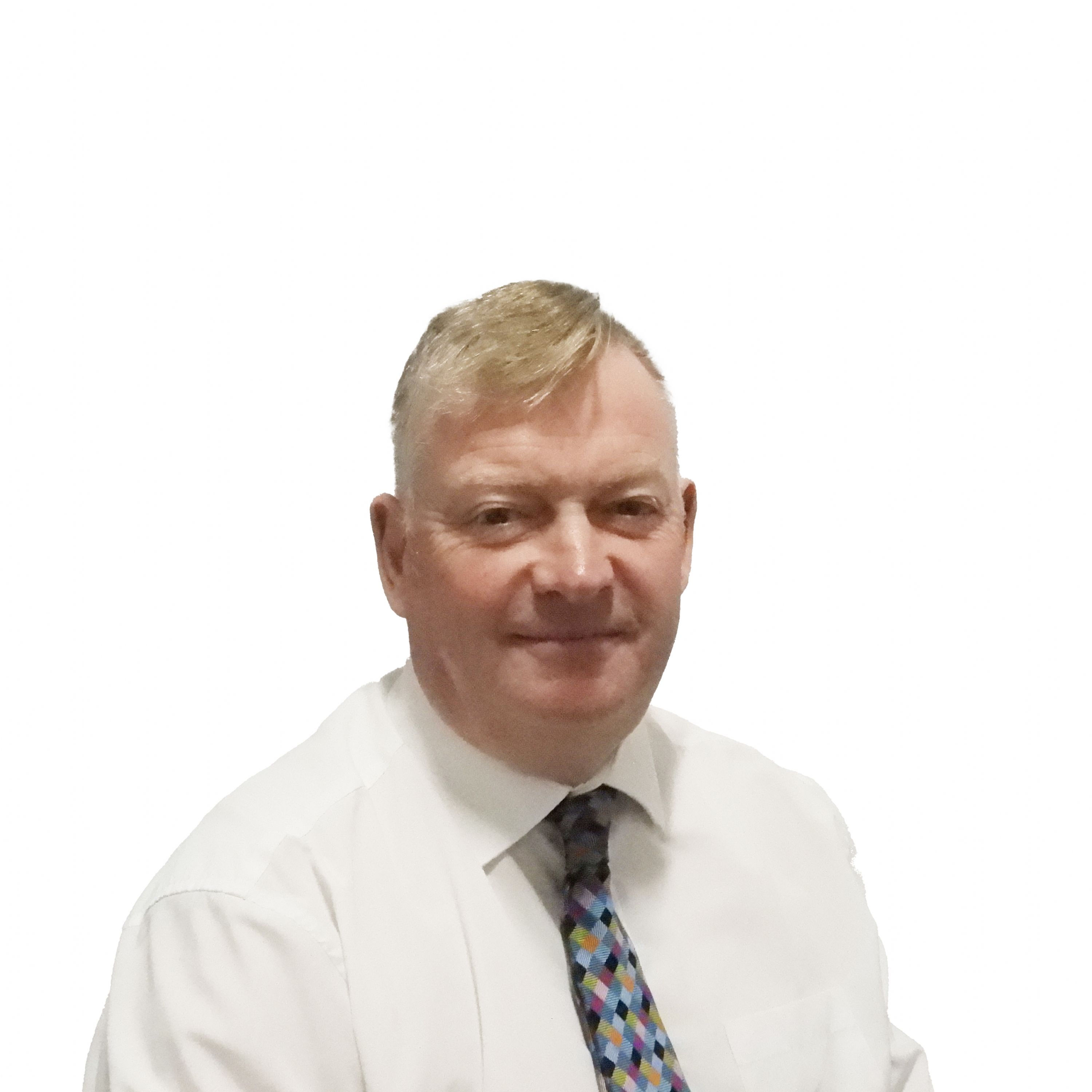 Professional headshot of a staff member wearing a white shirt and patterned tie against a plain white background, in a formal portrait style photograph.