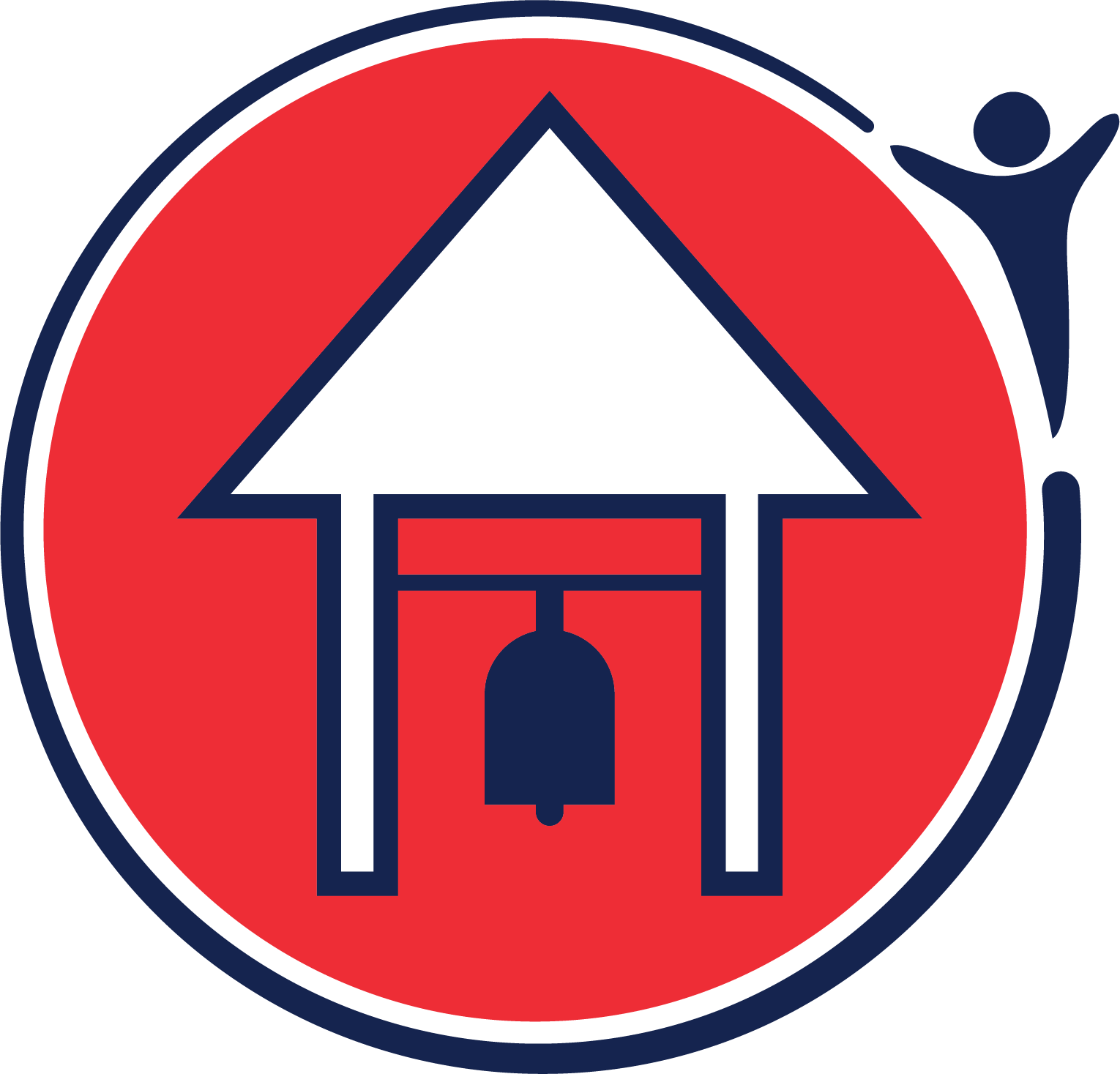 A graphic illustration featuring a stylized house with a triangular roof and a bell hanging in the doorway, centered within a red circle with a dark blue border and a figure silhouette on the right side.
