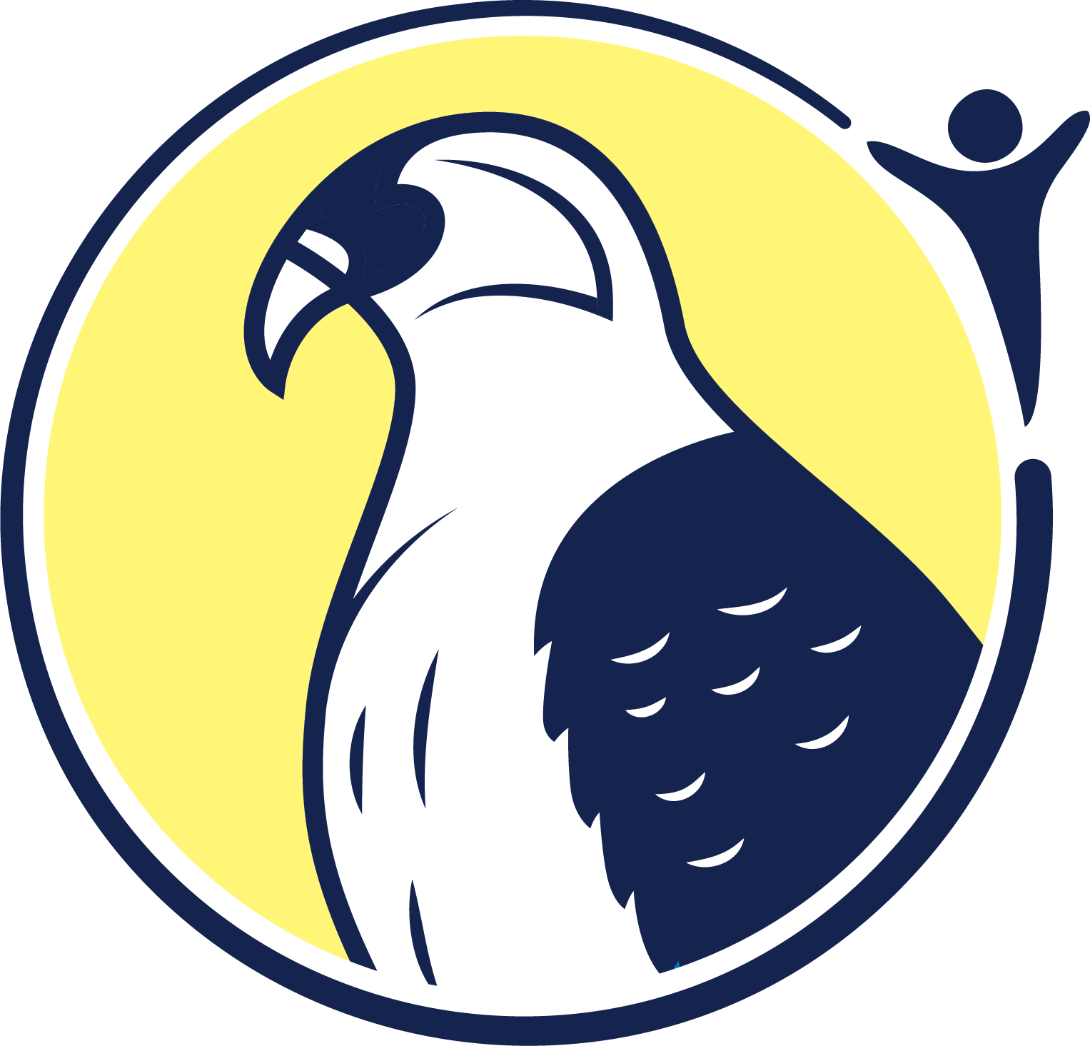 A logo design featuring an eagle in profile with white head and neck, dark wings, set against a bright yellow circular background with a dark blue border. A silhouette of a person with raised arm appears on the right side.