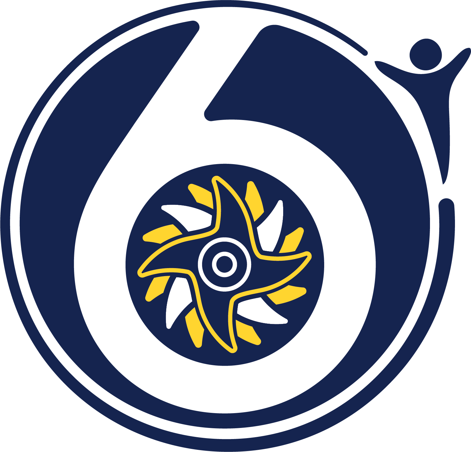 A logo design featuring concentric circles in navy blue and white with a central yellow and white pinwheel or turbine symbol, suggesting themes of energy, rotation, or renewable power.