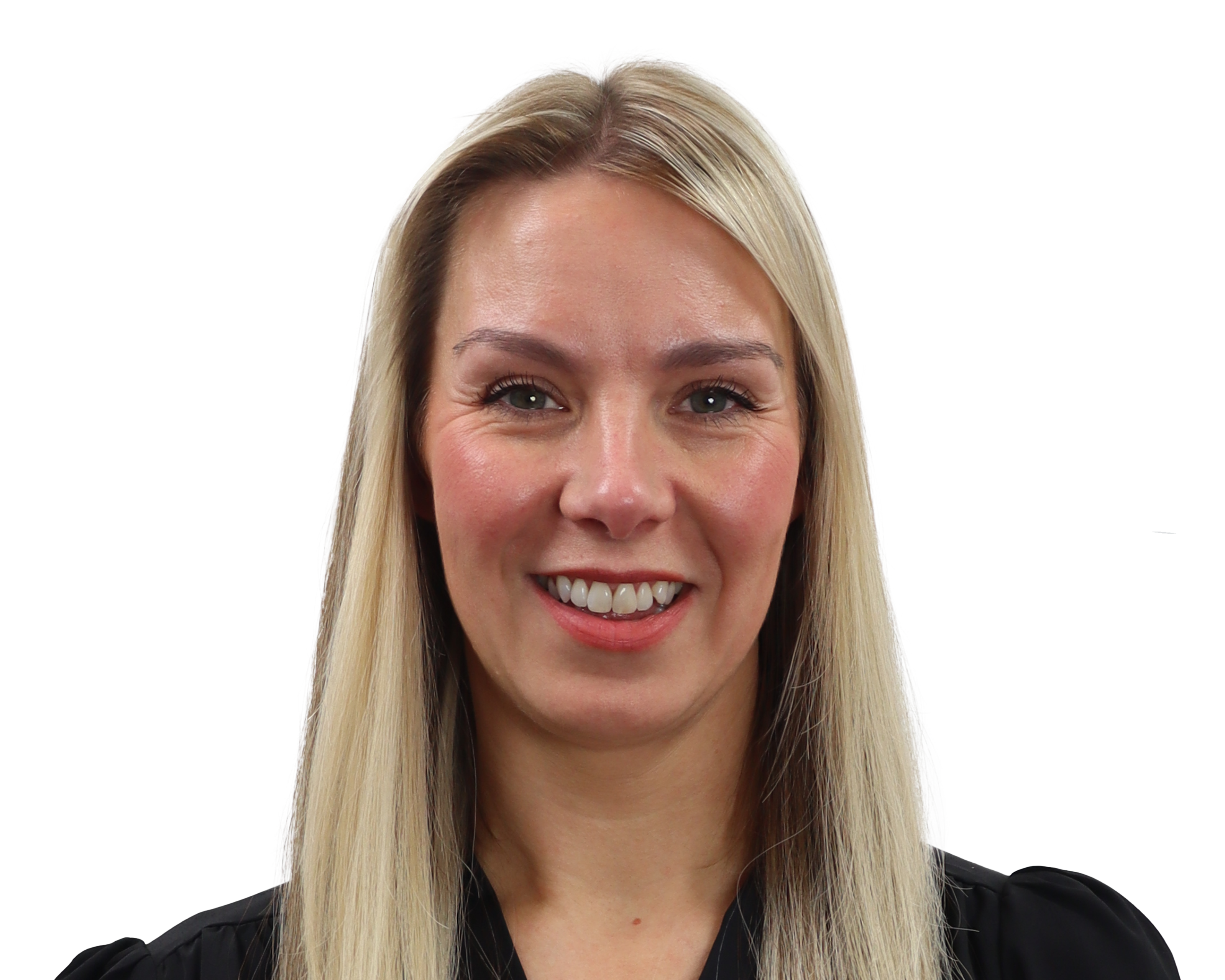 Professional headshot portrait of a person against a white background, wearing dark clothing and displaying a warm smile.