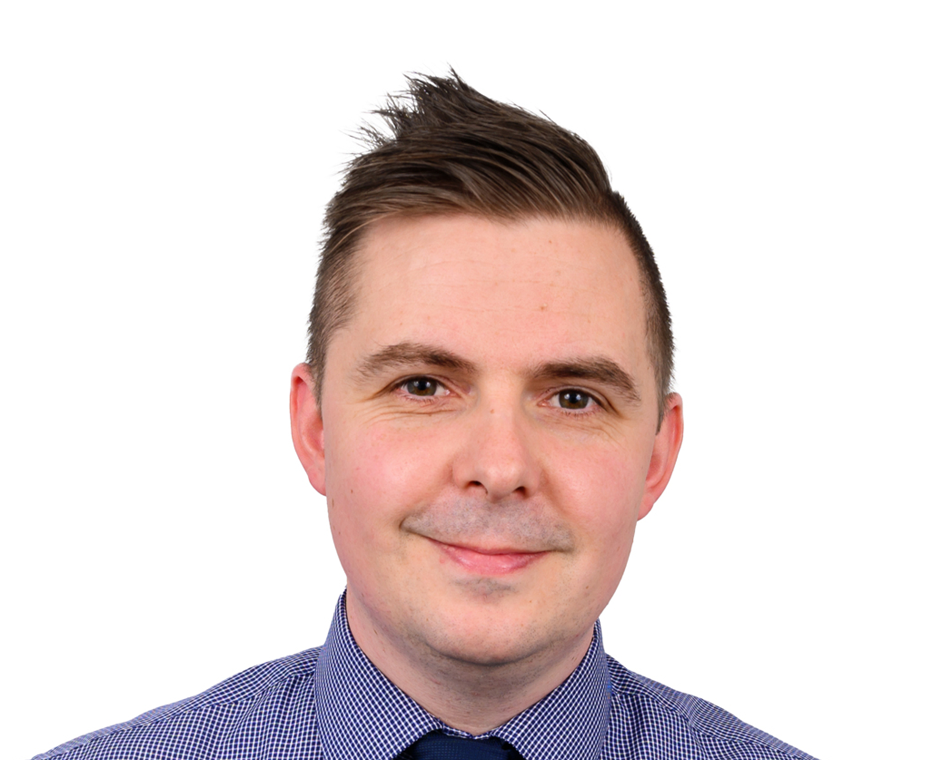 Professional headshot of a person wearing a blue checkered shirt and dark tie against a white background, suitable for official documentation or staff directory purposes.