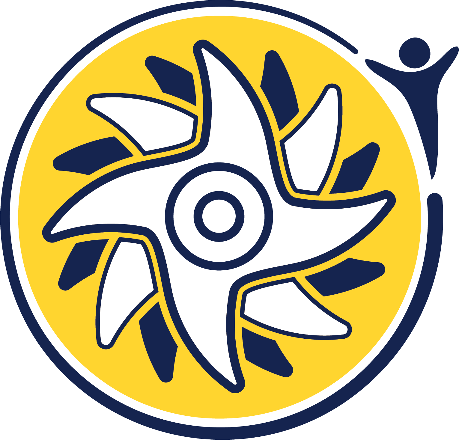 A logo design featuring a stylized pinwheel or windmill with white and dark blue sections radiating from a central circle, set against a bright yellow background with a dark blue border.